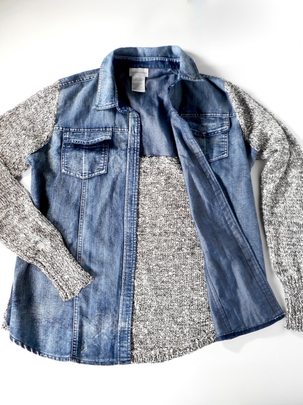 Soft Surroundings Blue Chambray Shirt Sz L Crochet Sweater Sequin Sleeves Jacket